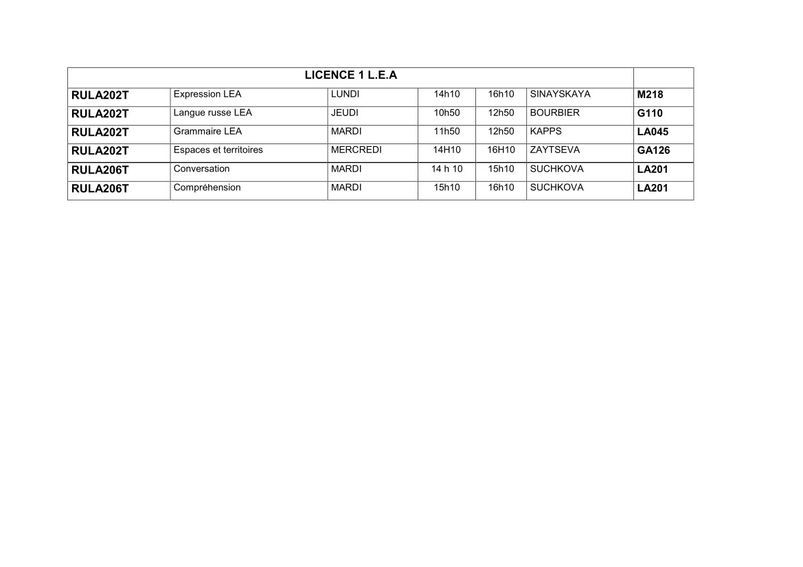 EDT Licence 1 LEA Semestre 2