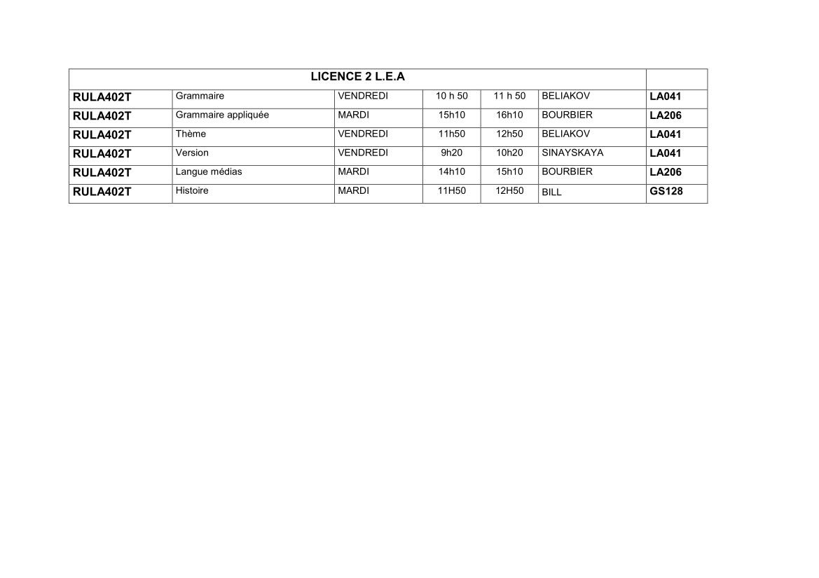 EDT Licence 2 LEA Semestre 2