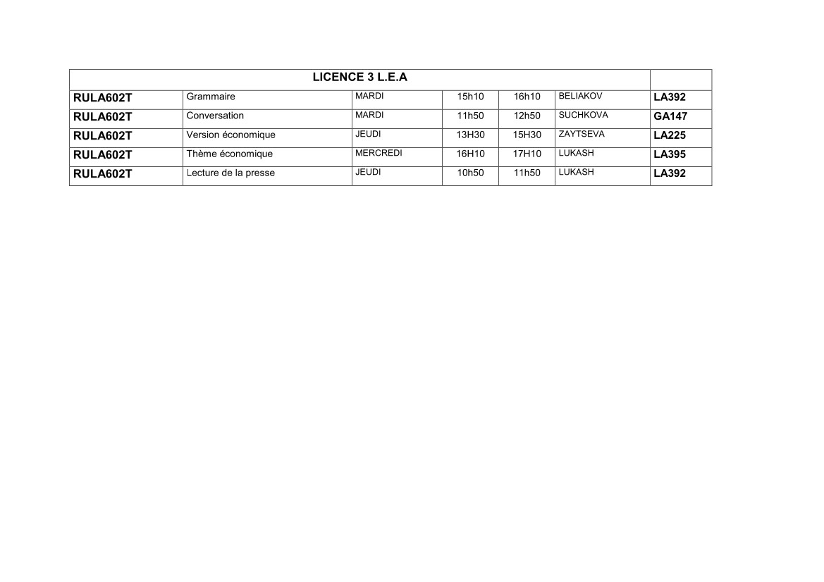 EDT Licence 3 LEA Semestre 2